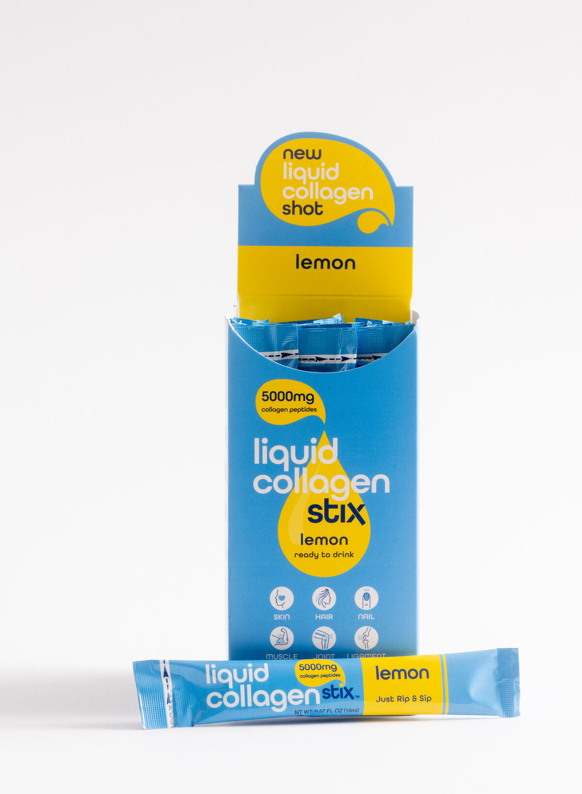 Blue box of 28 drinkable liquid collagen stick packs in Lemon flavor