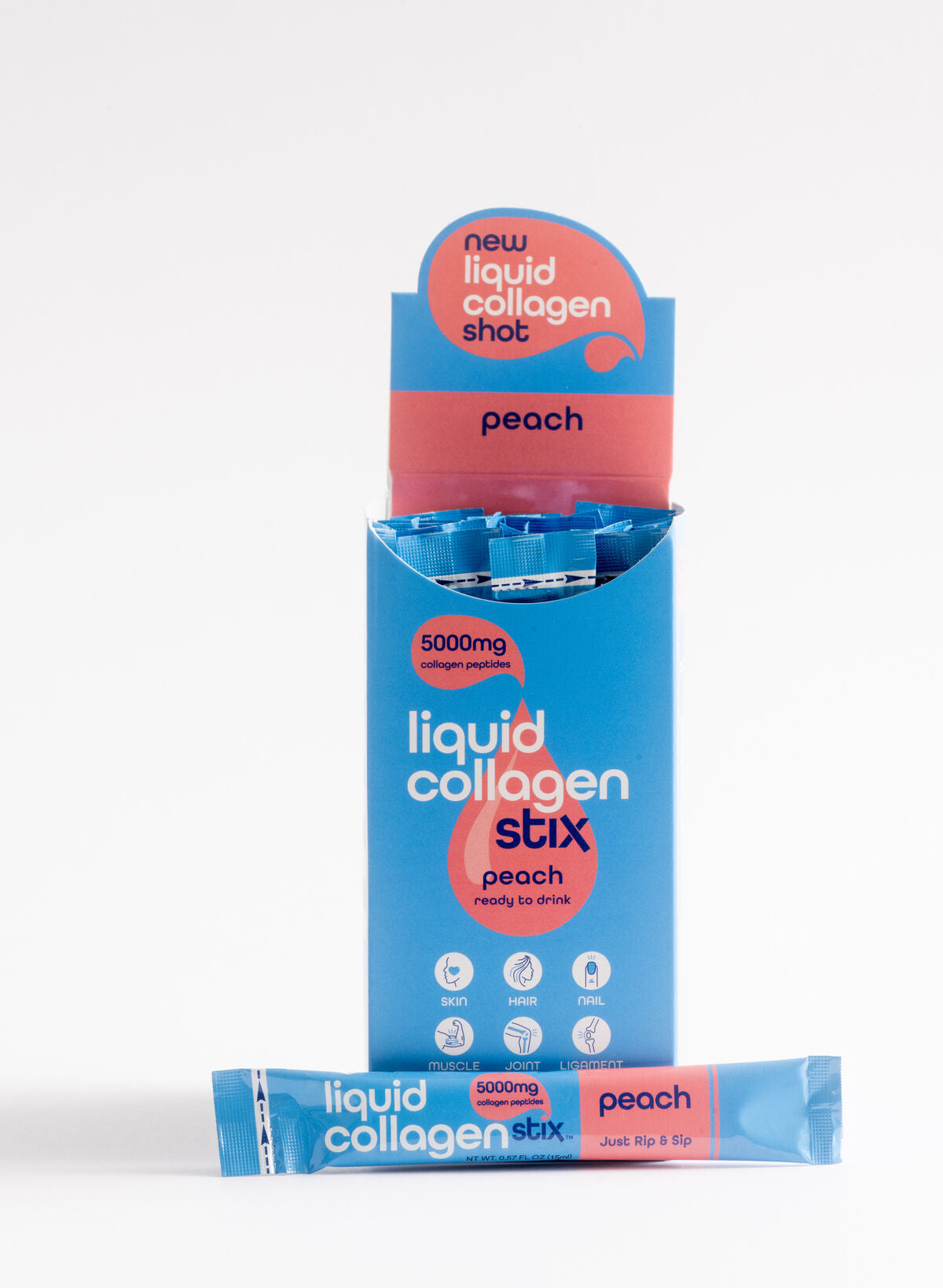 Blue box of 28 count liquid collagen Stick packs in peach flavor on a white background