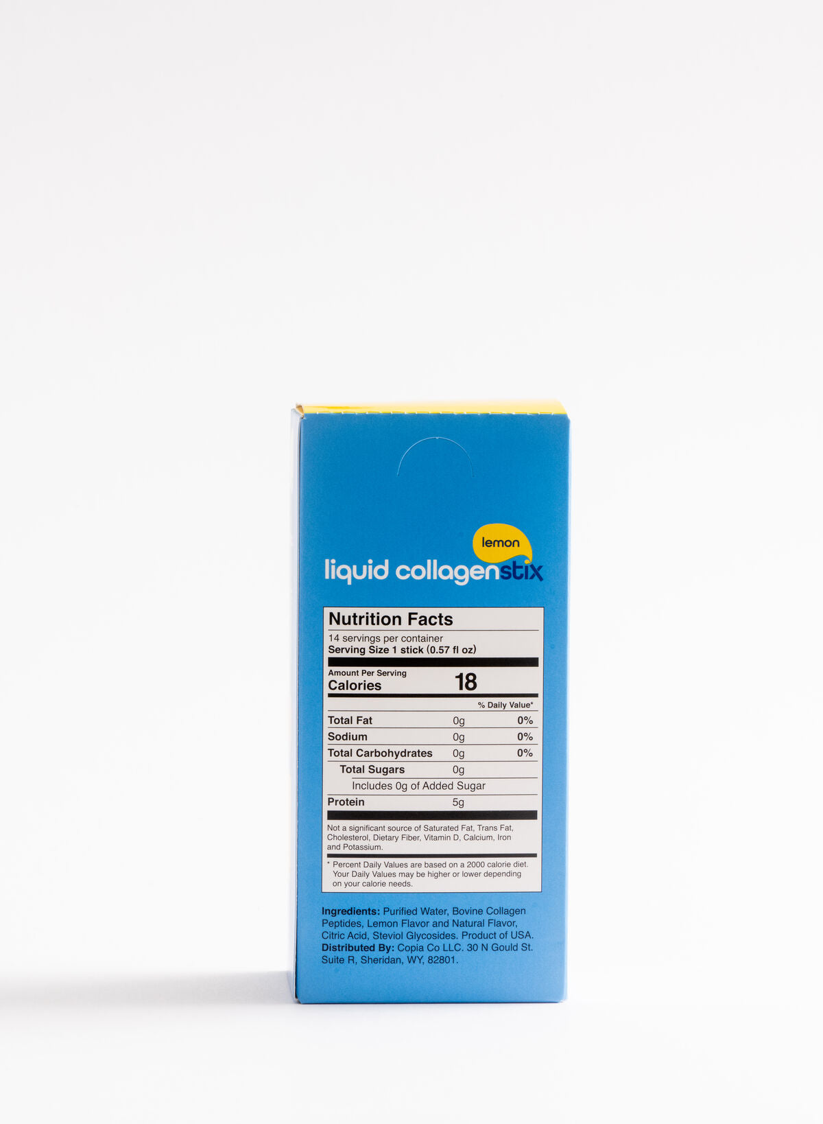 Blue box of 14 drinkable liquid collagen stick packs in Lemon flavor. Box showing nutritional panel