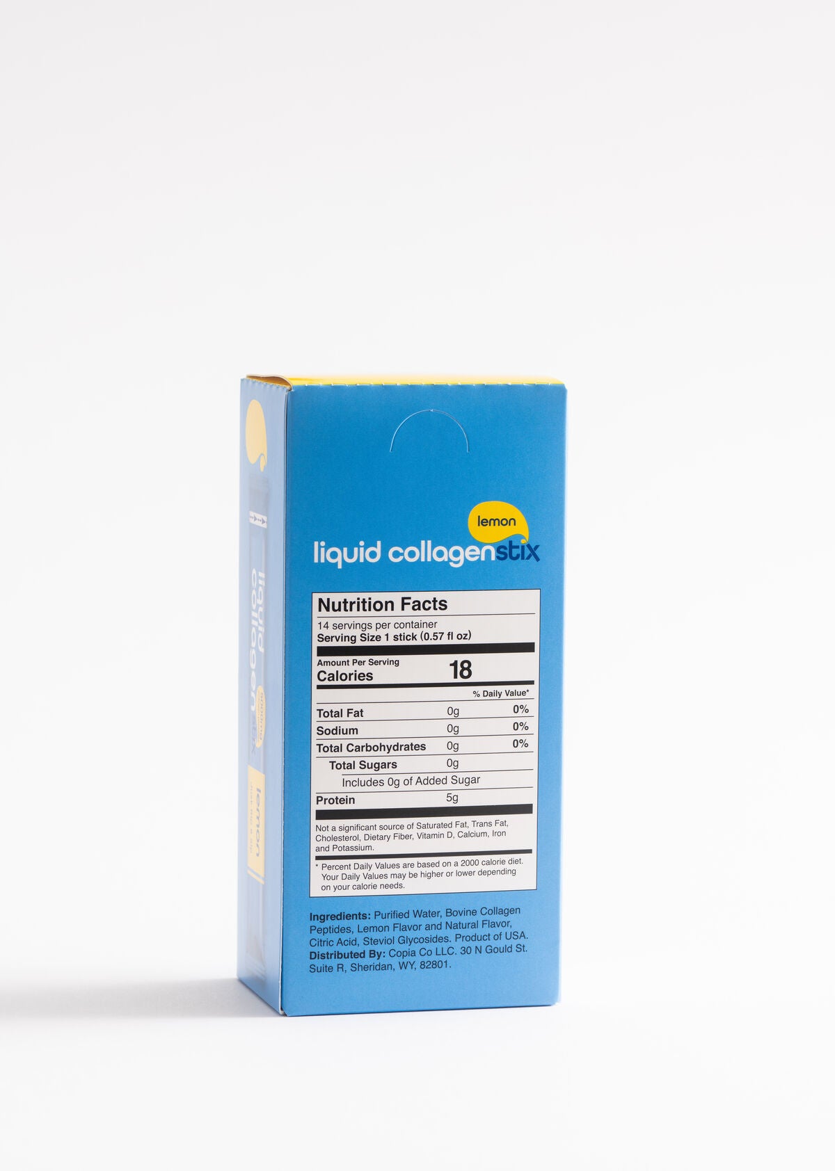 Blue box of 28 drinkable liquid collagen stick packs in Lemon flavor. Box showing nutritional panel