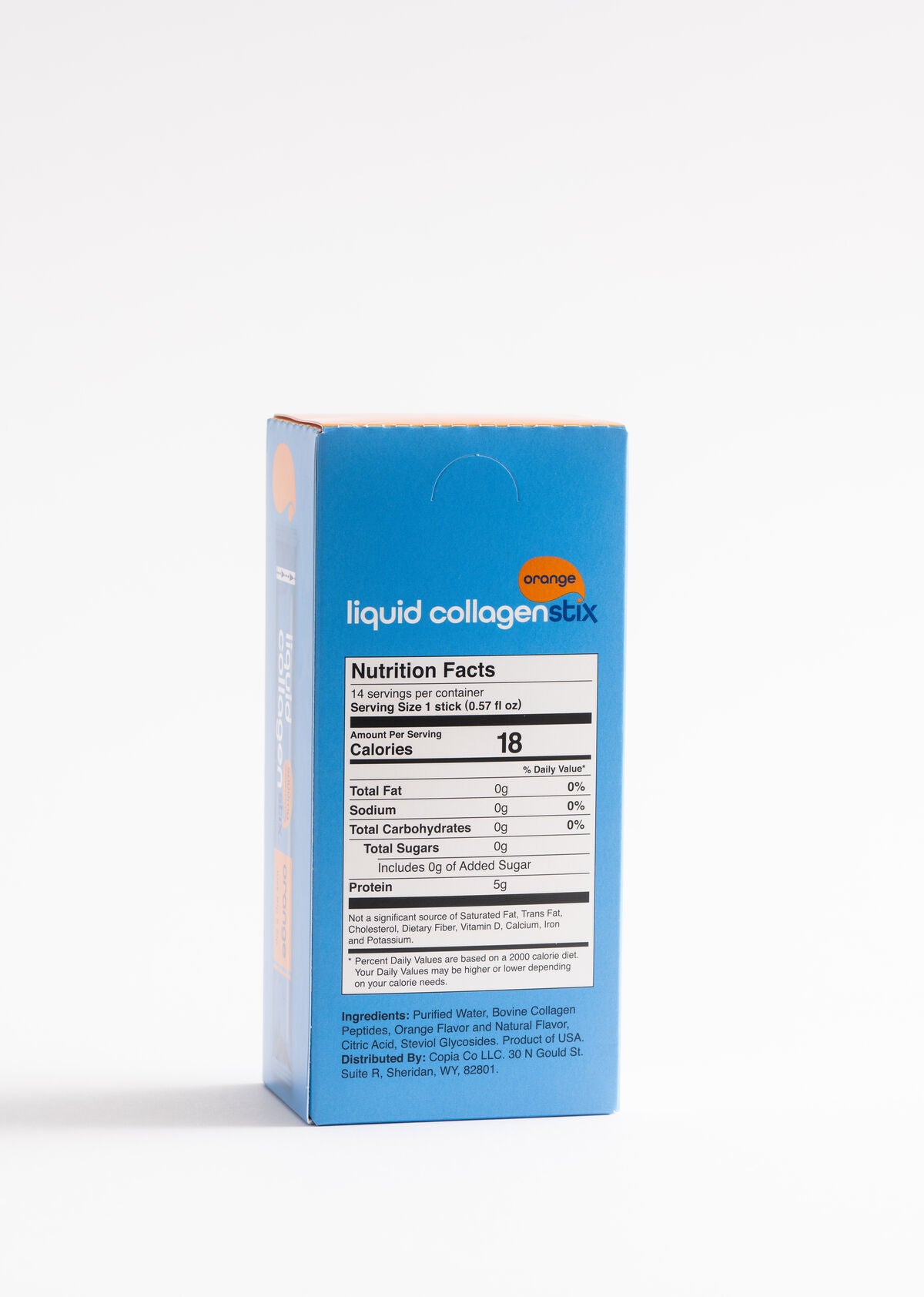 Blue Box of 28 drinkable liquid collagen stick packs in Lemon flavor. Box showing nutritional panel