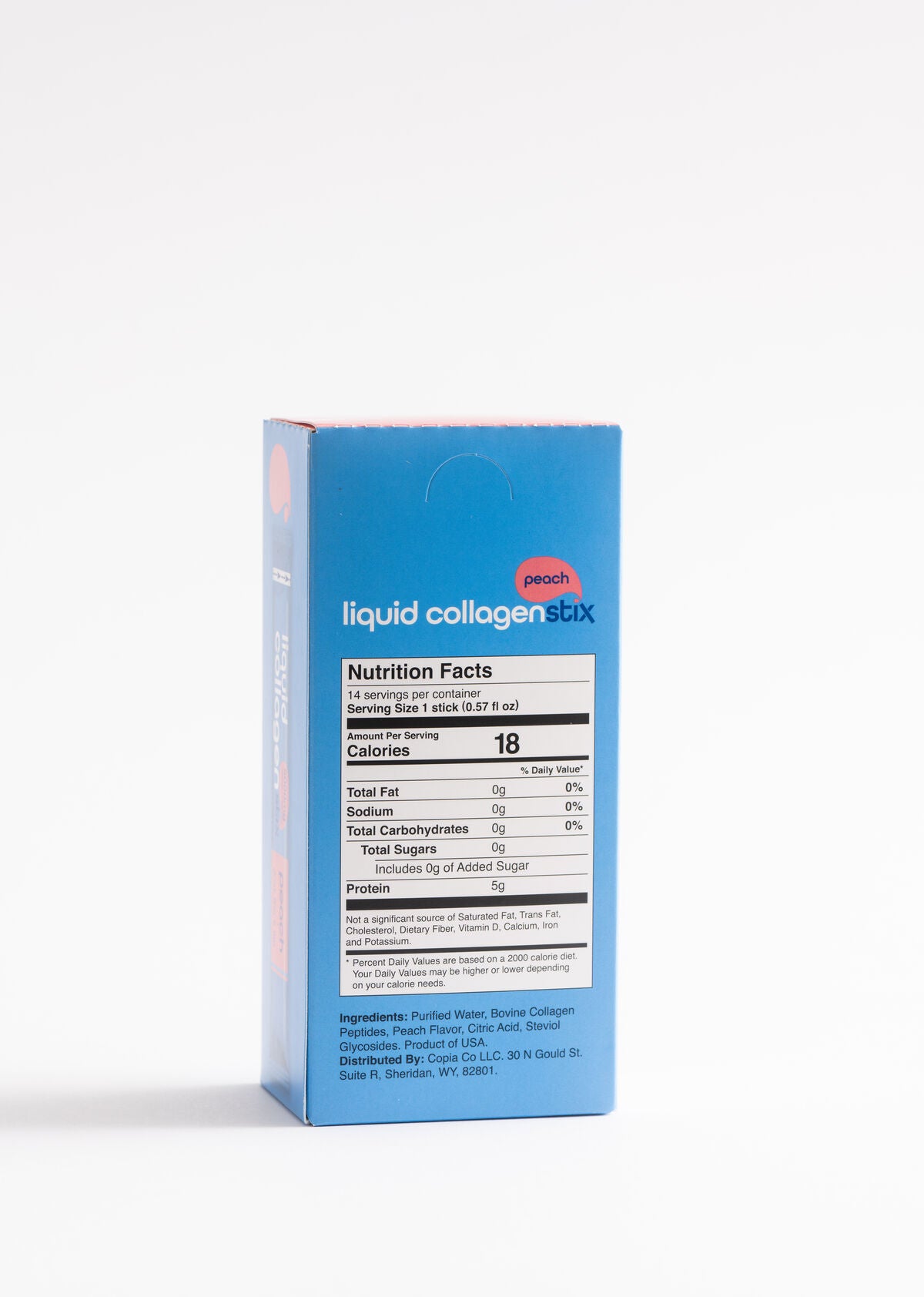 Blue box of 14 count liquid collagen Stick packs in peach flavor on a white background. Box shows nutritional panel