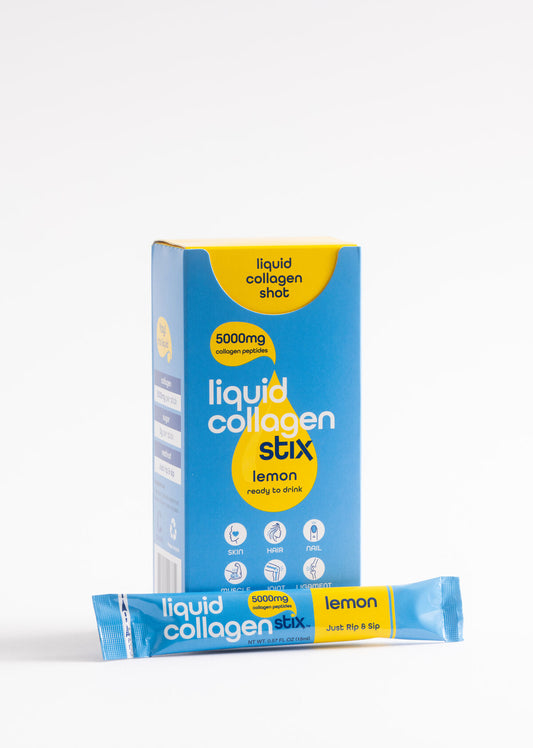 Blue box of 14 drinkable liquid collagen stick packs in Lemon flavor