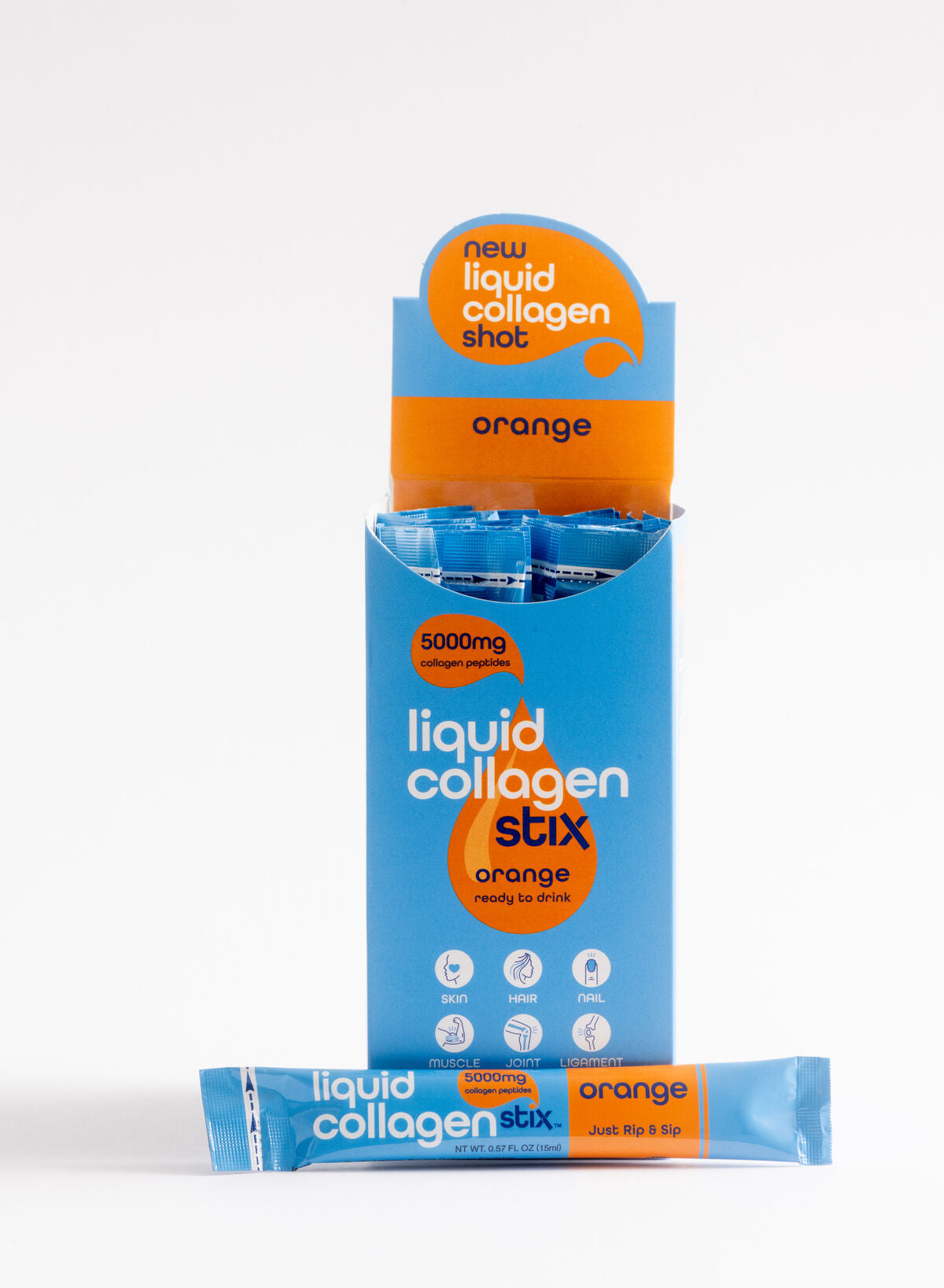 Blue Box of 28 drinkable liquid collagen stick packs in Lemon flavor. Box showing nutritional panel 