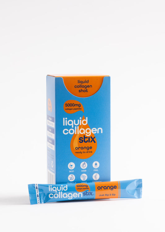 Blue box of 14 drinkable liquid collagen stick packs in orange flavor