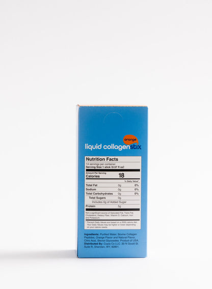 Blue Box of 14 drinkable liquid collagen stick packs in Orange flavor. Box showing nutritional panel 