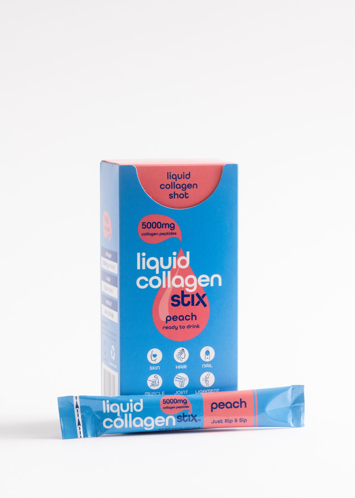 Blue box of 14 count liquid collagen Stick packs in peach flavor on a white background 