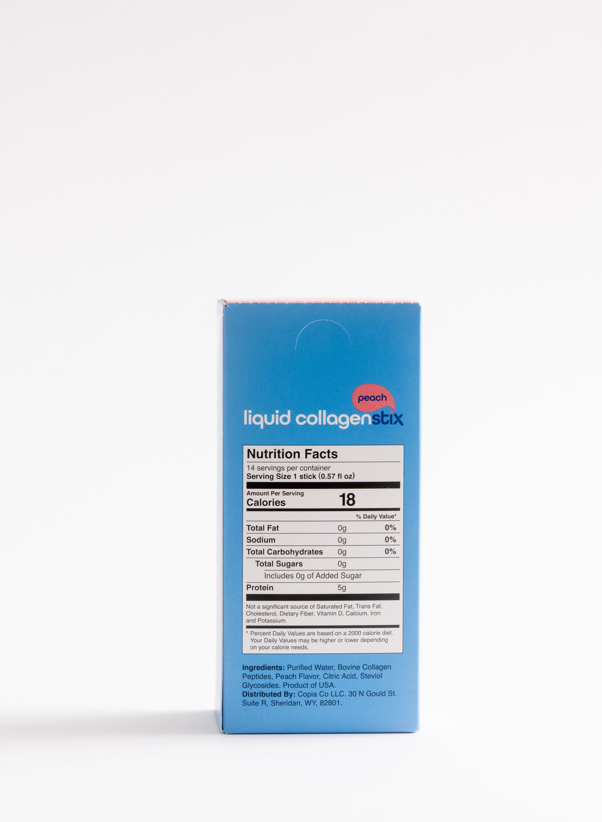 Blue box of 14 count liquid collagen Stick packs in peach flavor on a white background. Box shows nutritional panel 